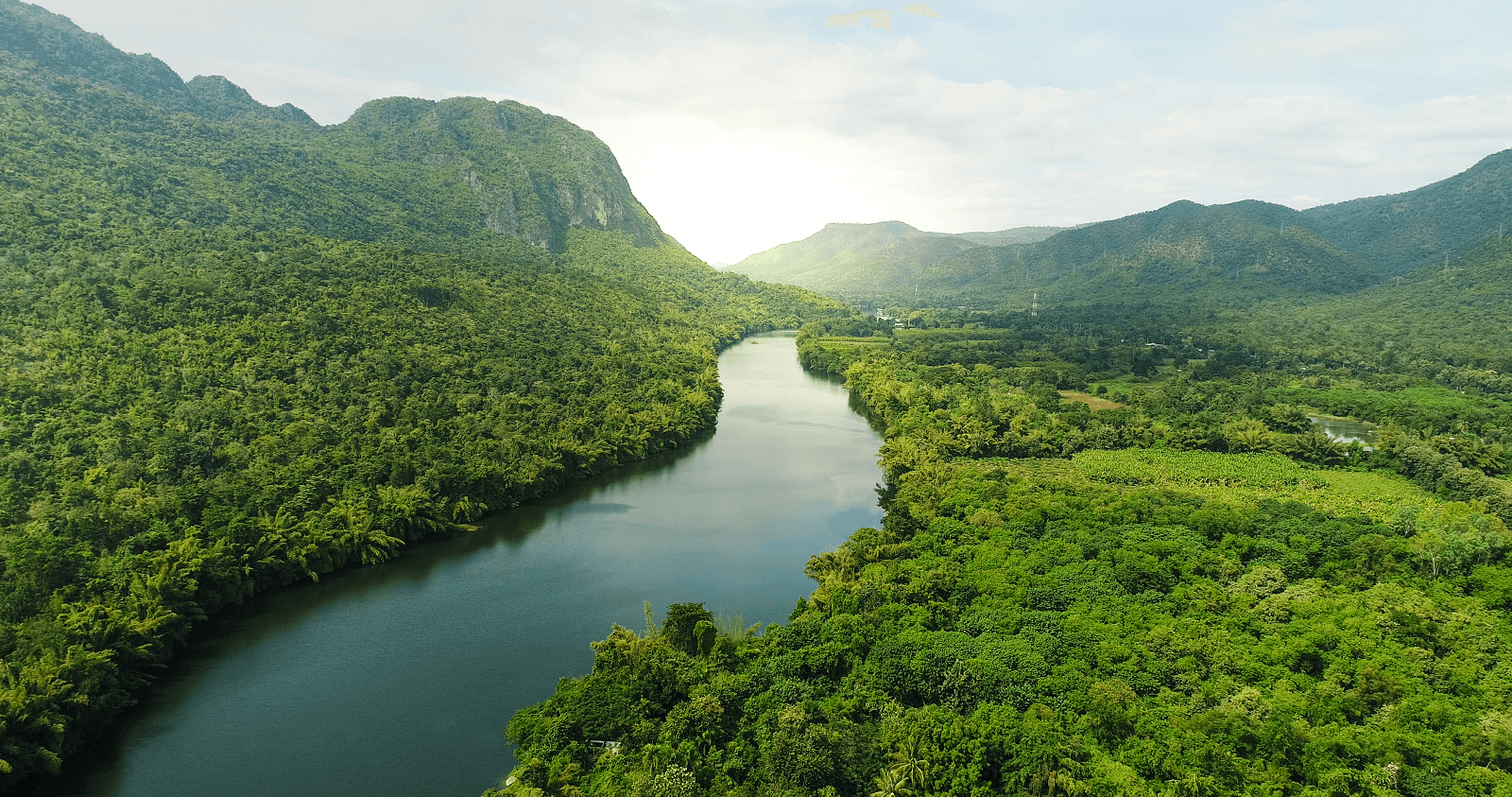 River in a forest with mountains in background