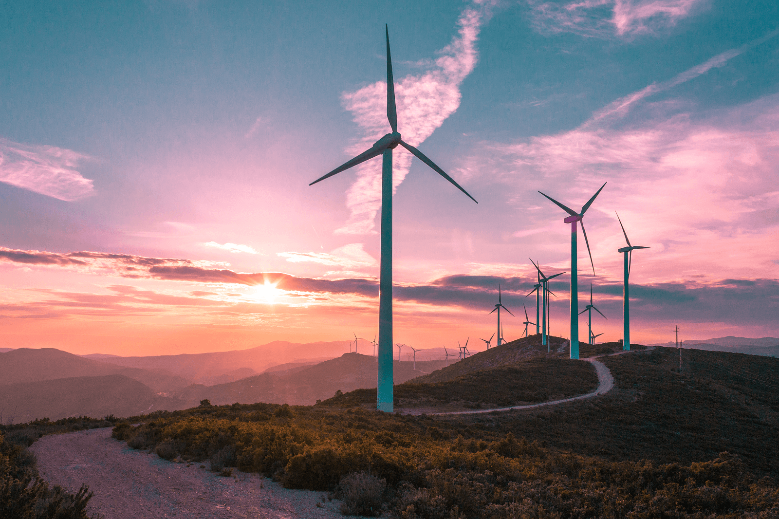 Wind turbines in a purple mountain landscape 