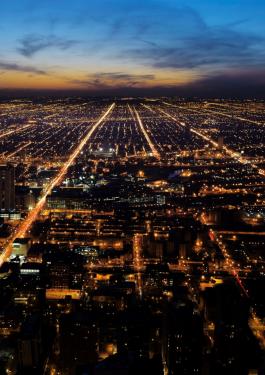 Aerial view of a city by night