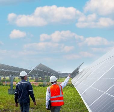 Two workers in a field with solar panels